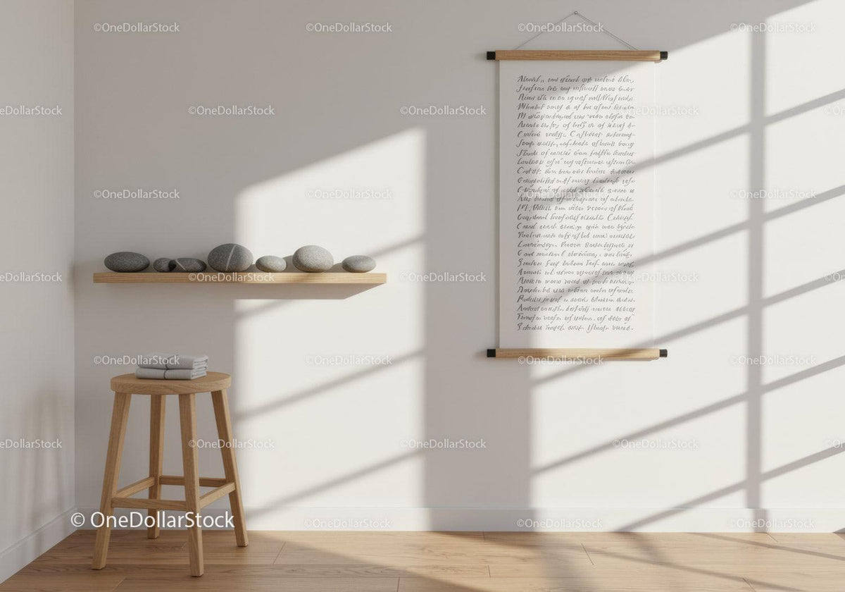 Minimalist Interior with Wooden Stool and Decorative Stones