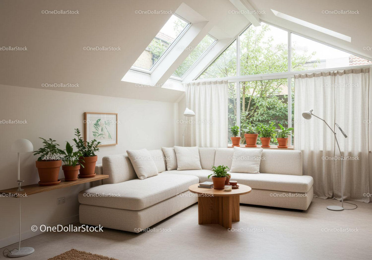 Bright modern living room with plants and skylight window