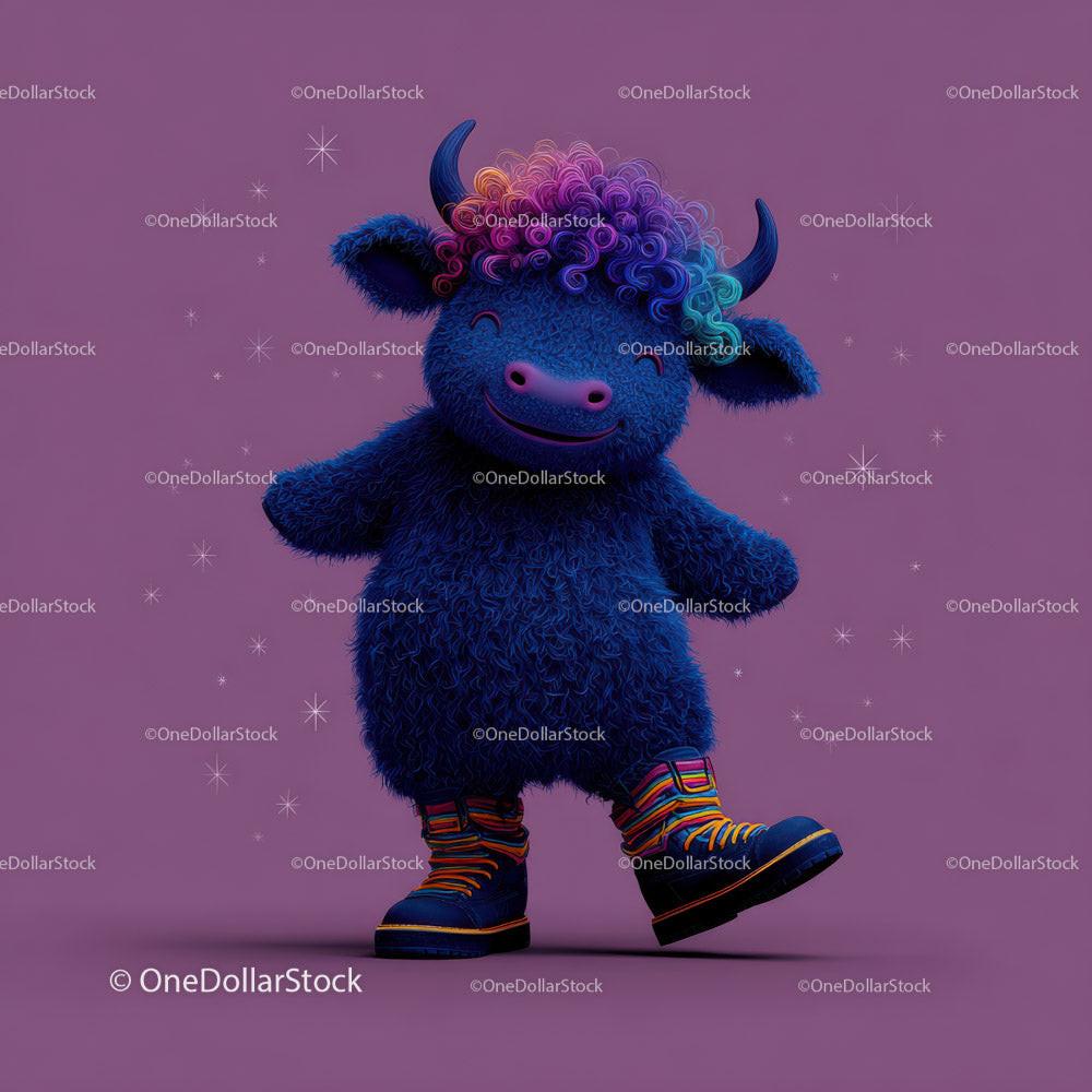 blue fluffy cartoon bull with curly rainbow hair and striped boots on purple background