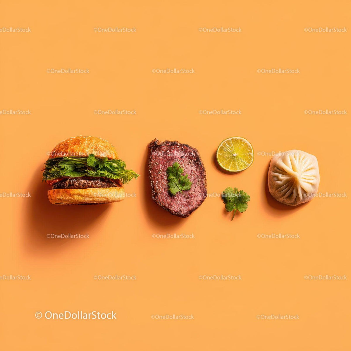 Gourmet Burger with Lettuce and Tomato Next to Grilled Steak and Dumpling Stock Photo Bundle preview 22