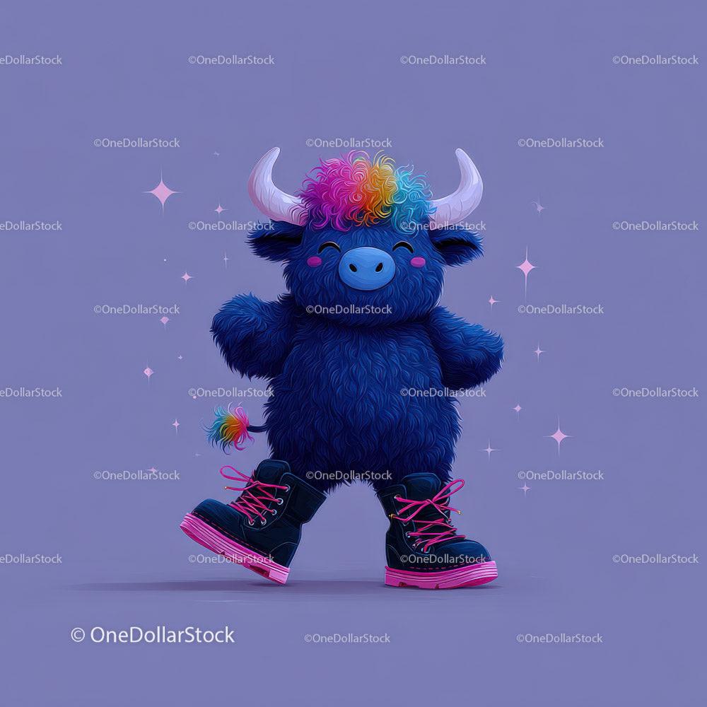 Blue fluffy bull with rainbow-colored hair wearing black boots with pink laces on purple background