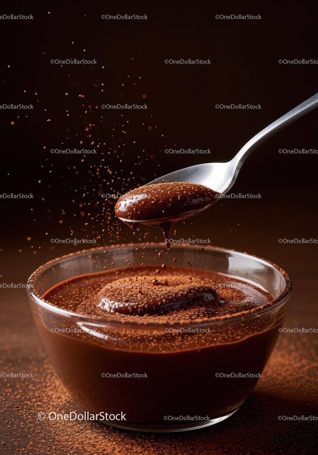 Velvety chocolate sauce with cocoa dust in glass bowl