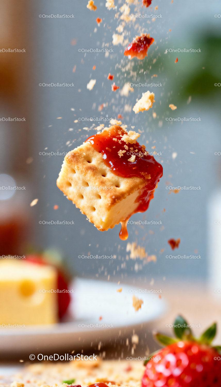 Cracker with Cream Cheese and Strawberry Jam Splash