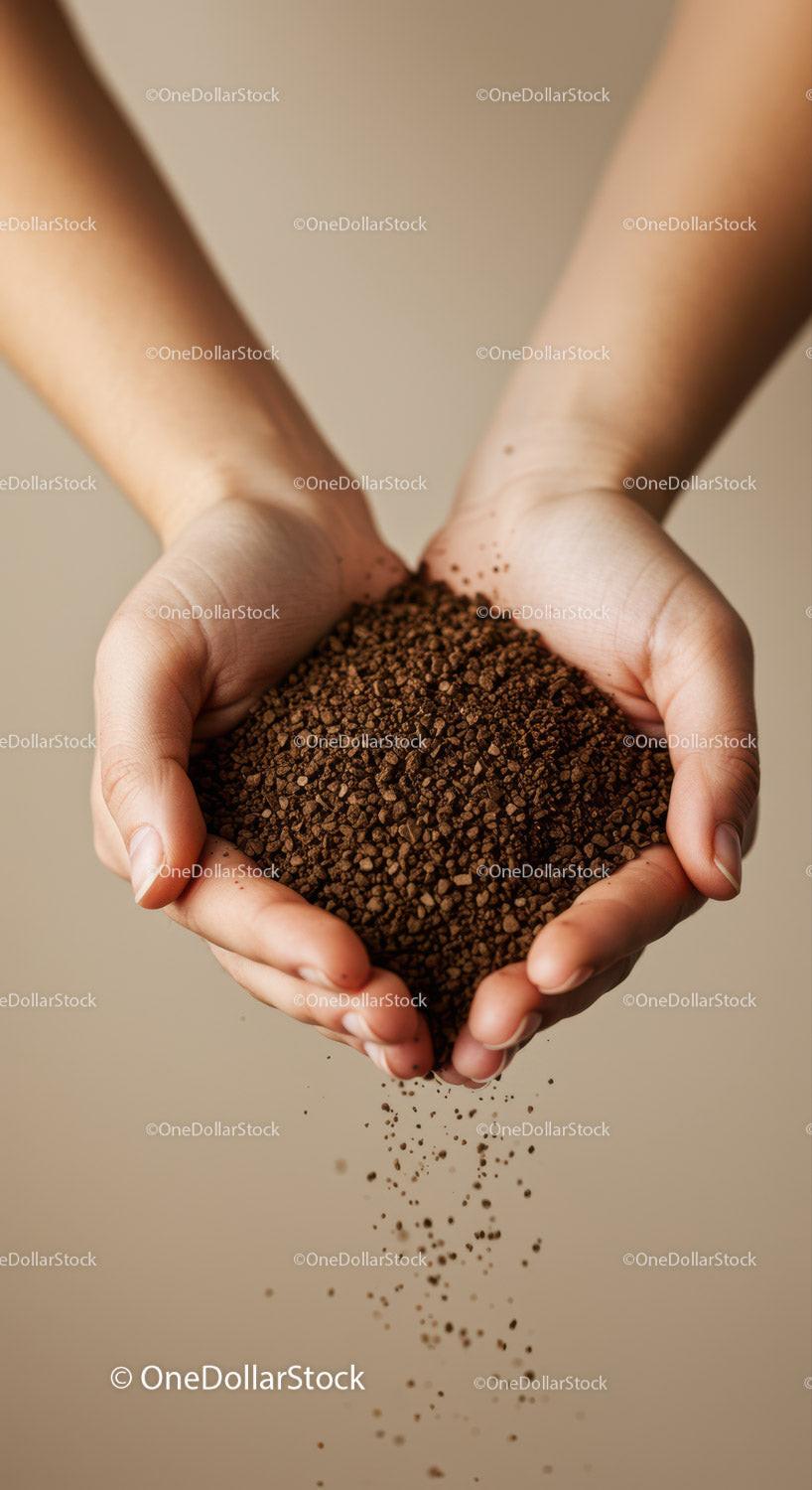 Hands gently holding loose soil falling down