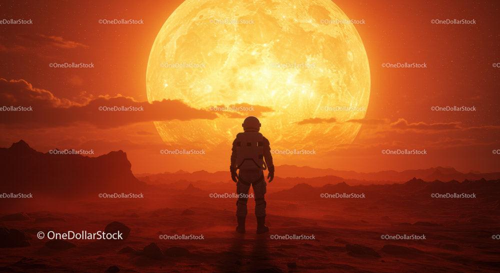 Astronaut Standing on Red Alien Terrain Facing a Giant Moon