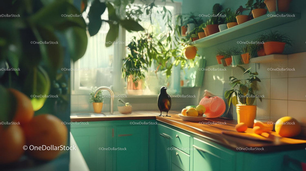 Kitchen corner with teal-green cabinets, wooden counter, black crow figurine, fruits, and green potted plants