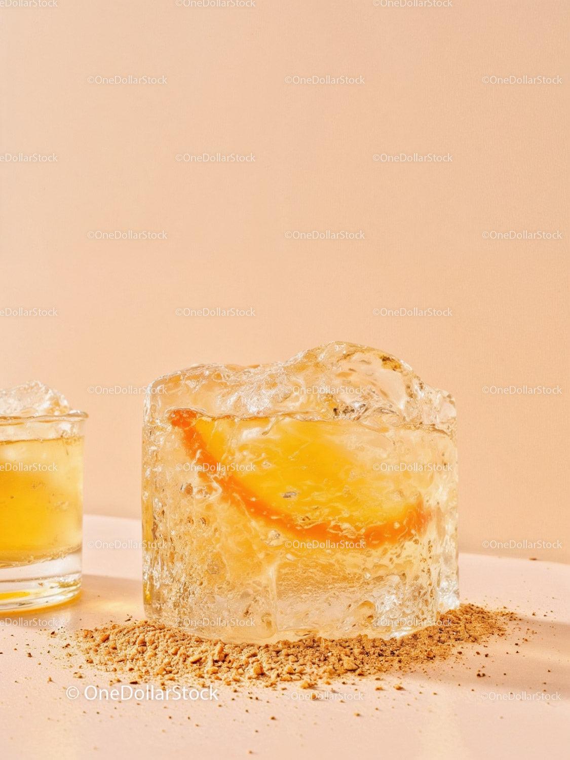 Close up of citrus slice frozen in clear ice cube
