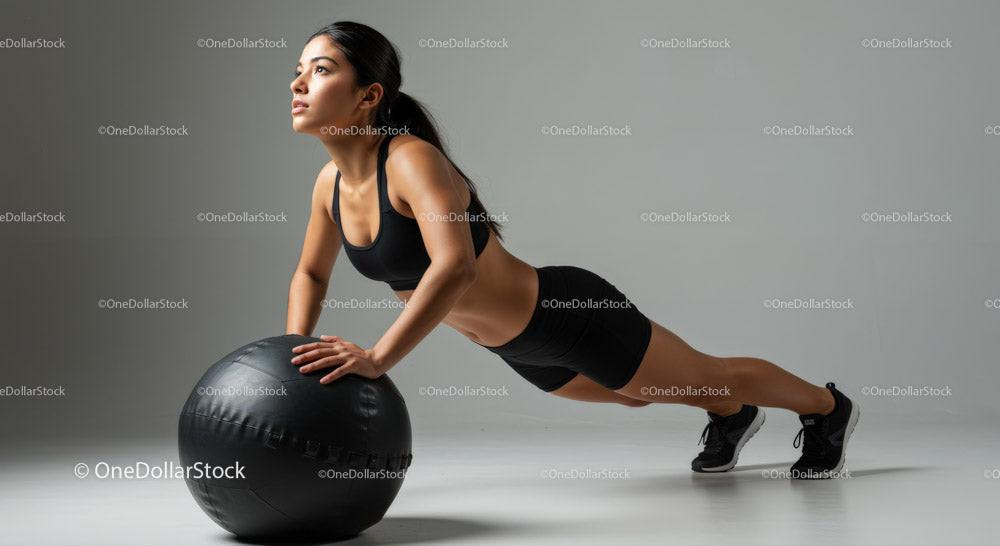 Woman Doing Push-Ups with Medicine Ball in Gym for Strength and Fitness