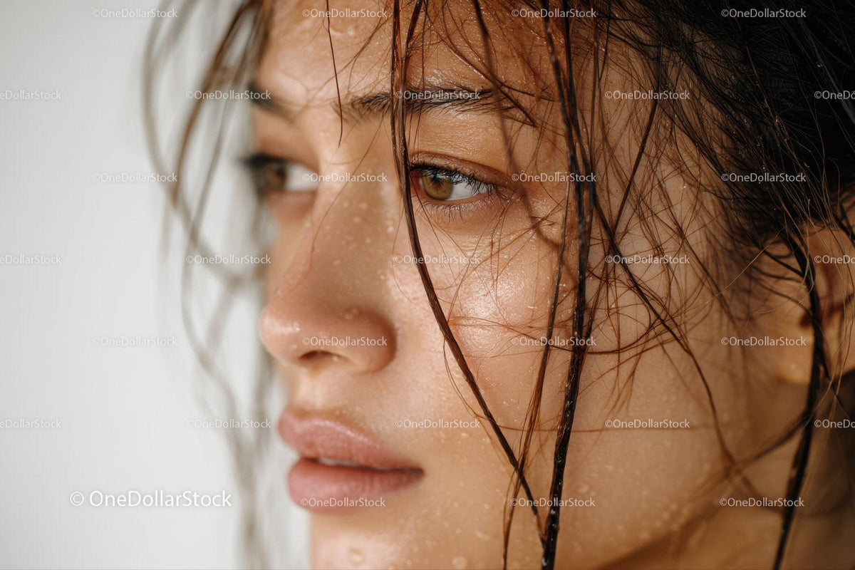 Close-up of a Woman with Wet Hair and Brown Eyes