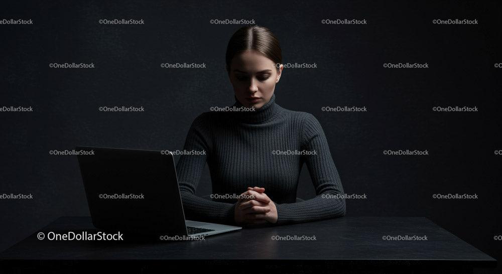 Thoughtful Woman at Laptop in Dark Modern Workspace Stock Photo Bundle preview 5