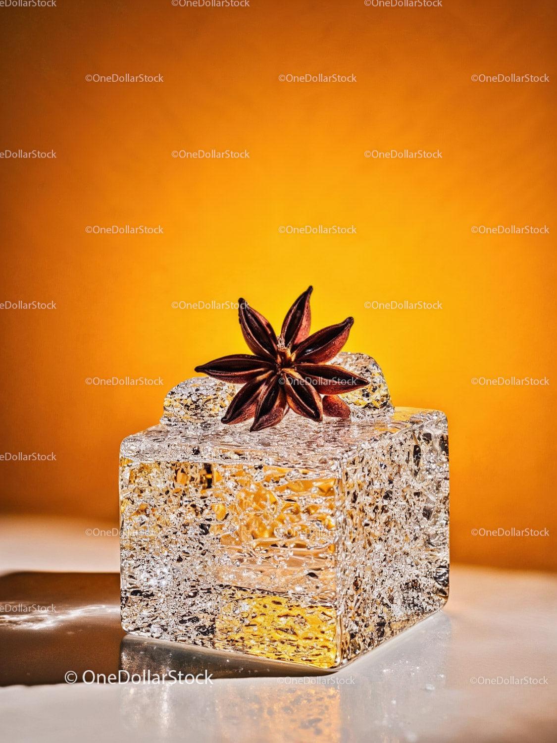 Star Anise on Transparent Ice Cube with Warm Background
