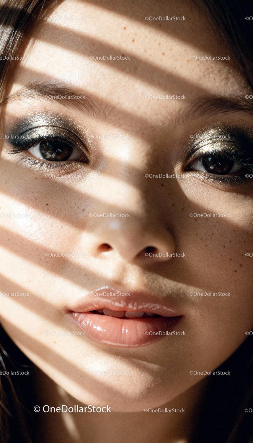 Close-up portrait of woman with glittery eye makeup