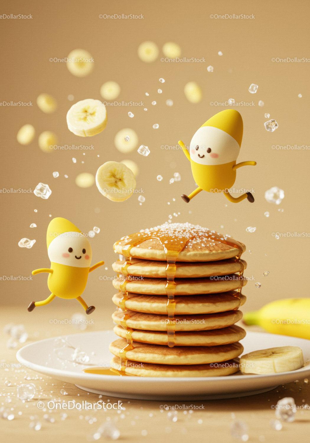 Stack of fluffy pancakes with syrup and playful banana characters
