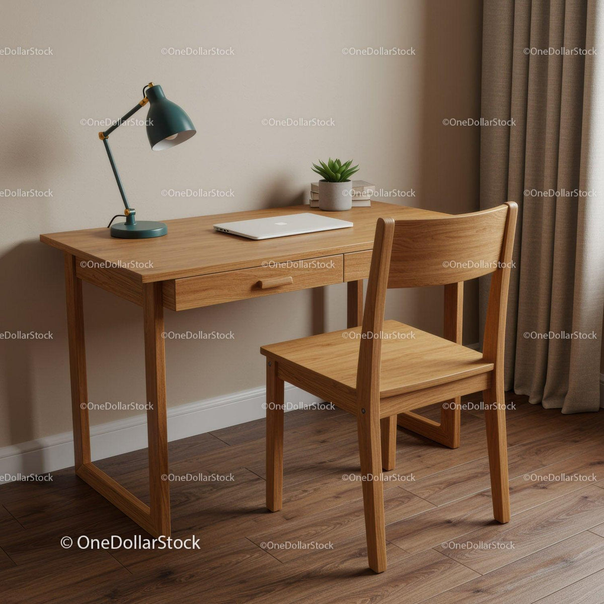 Cozy Wooden Home Office Desk with Green Plant and Desk Lamp