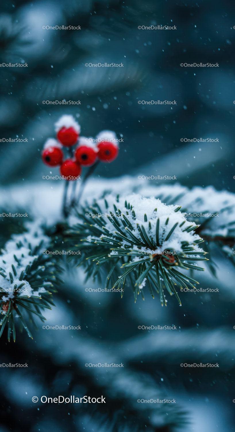 Snow-covered pine needles with bright red berries