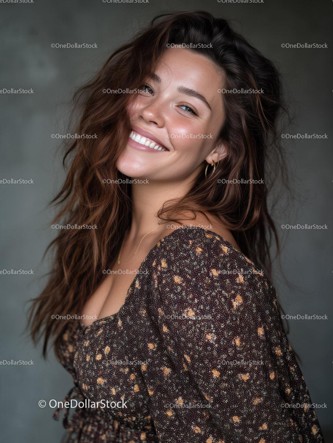 Portrait of a Smiling Woman in Floral Dress with Wavy Hair
