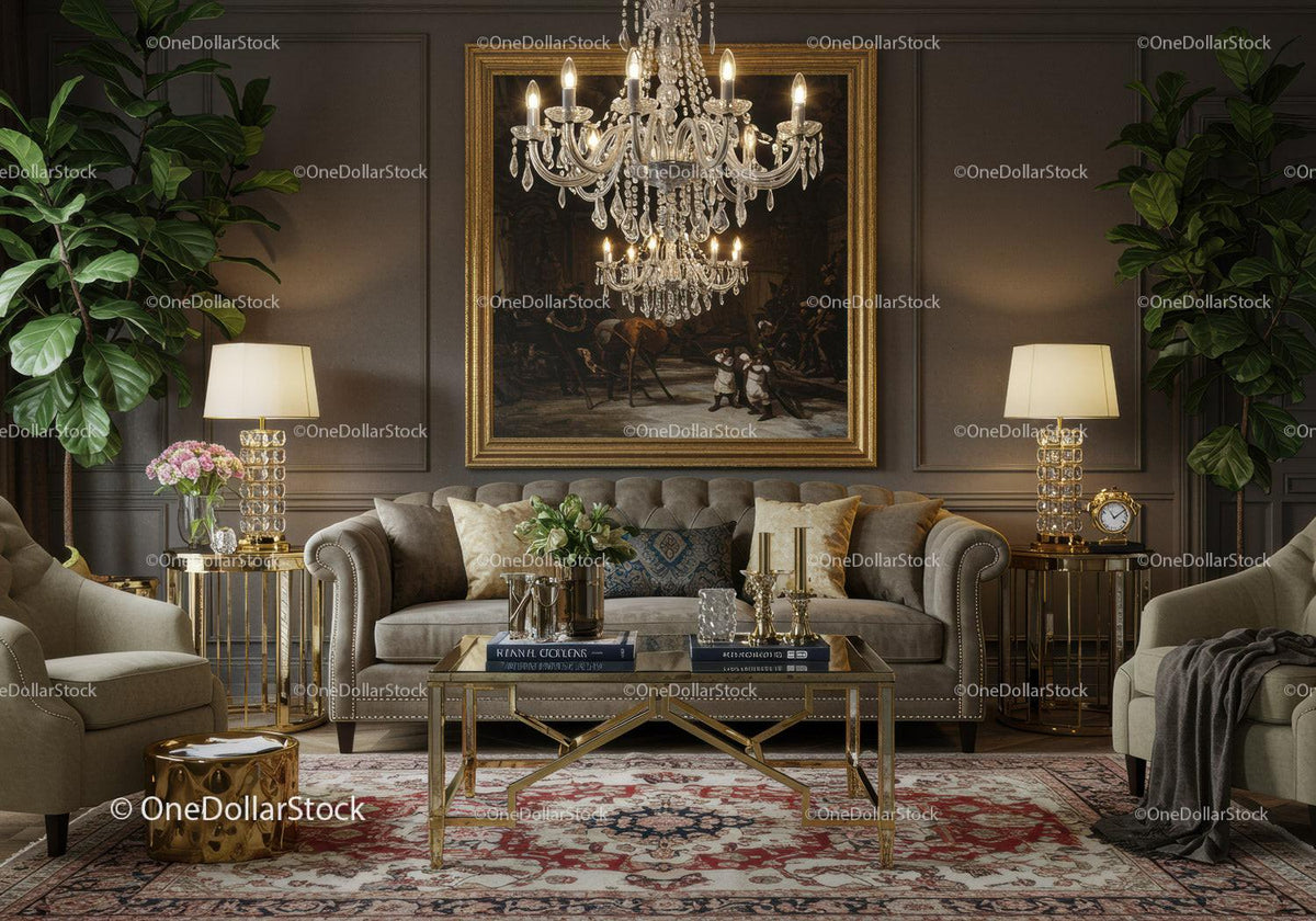 Elegant classic living room with velvet sofa and chandelier