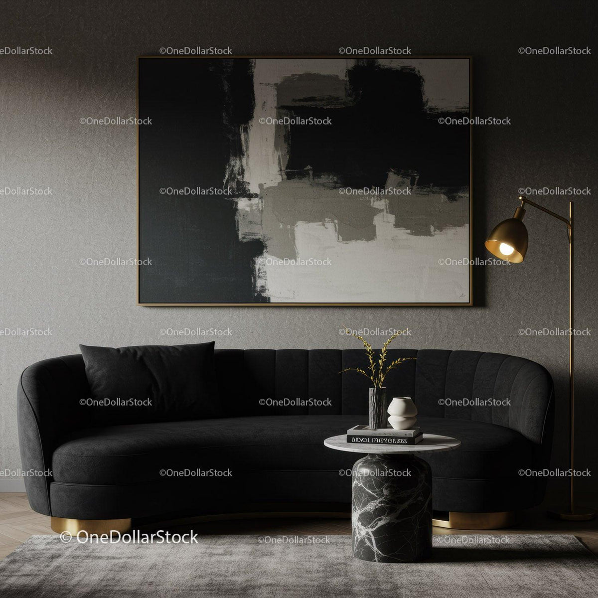 Modern black velvet sofa with elegant marble side table