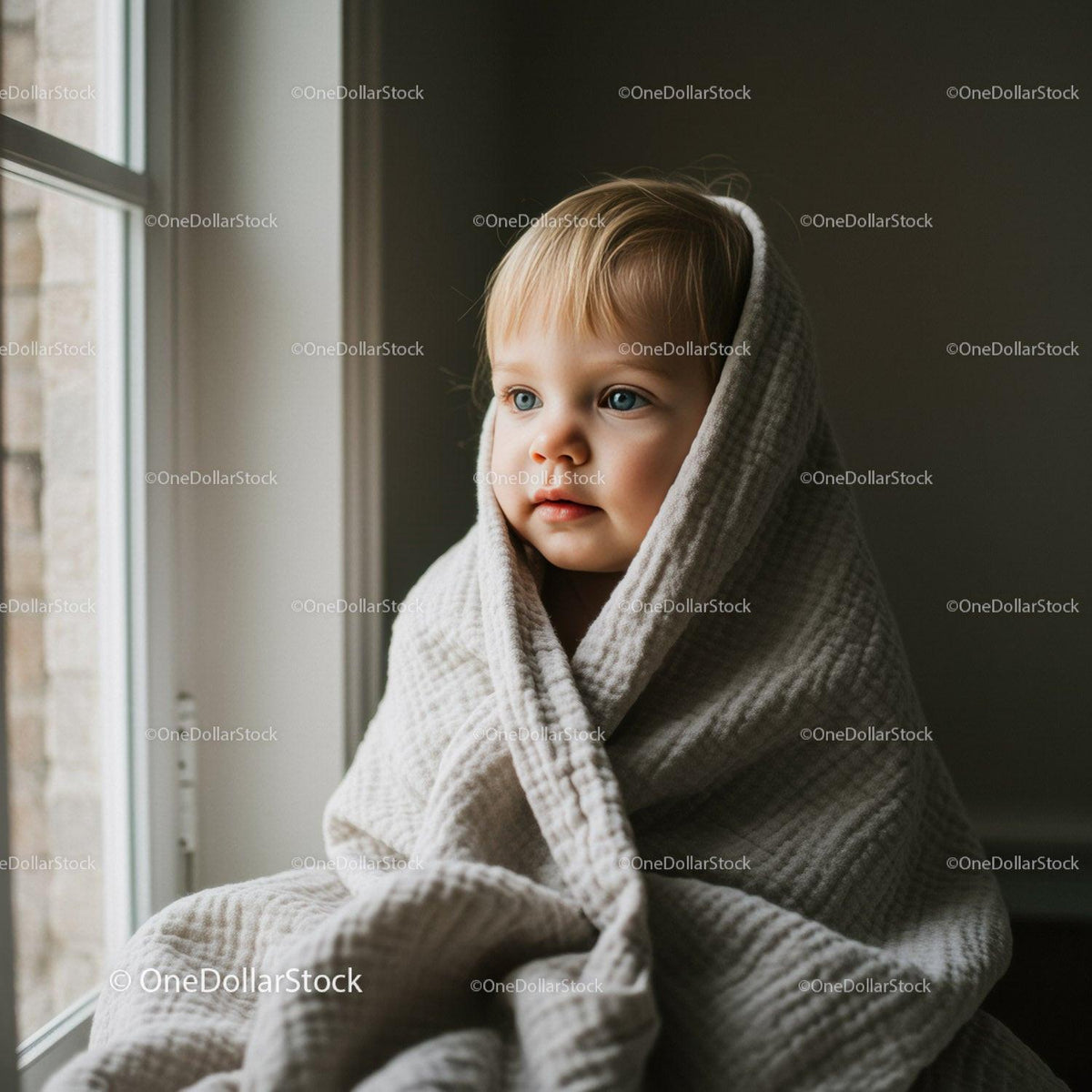 Thoughtful toddler wrapped in cozy blanket by window