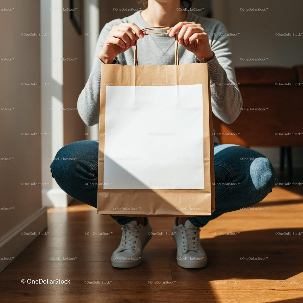 Person Holding Blank Brown Paper Shopping Bag Indoors JPG Mockup Image preview