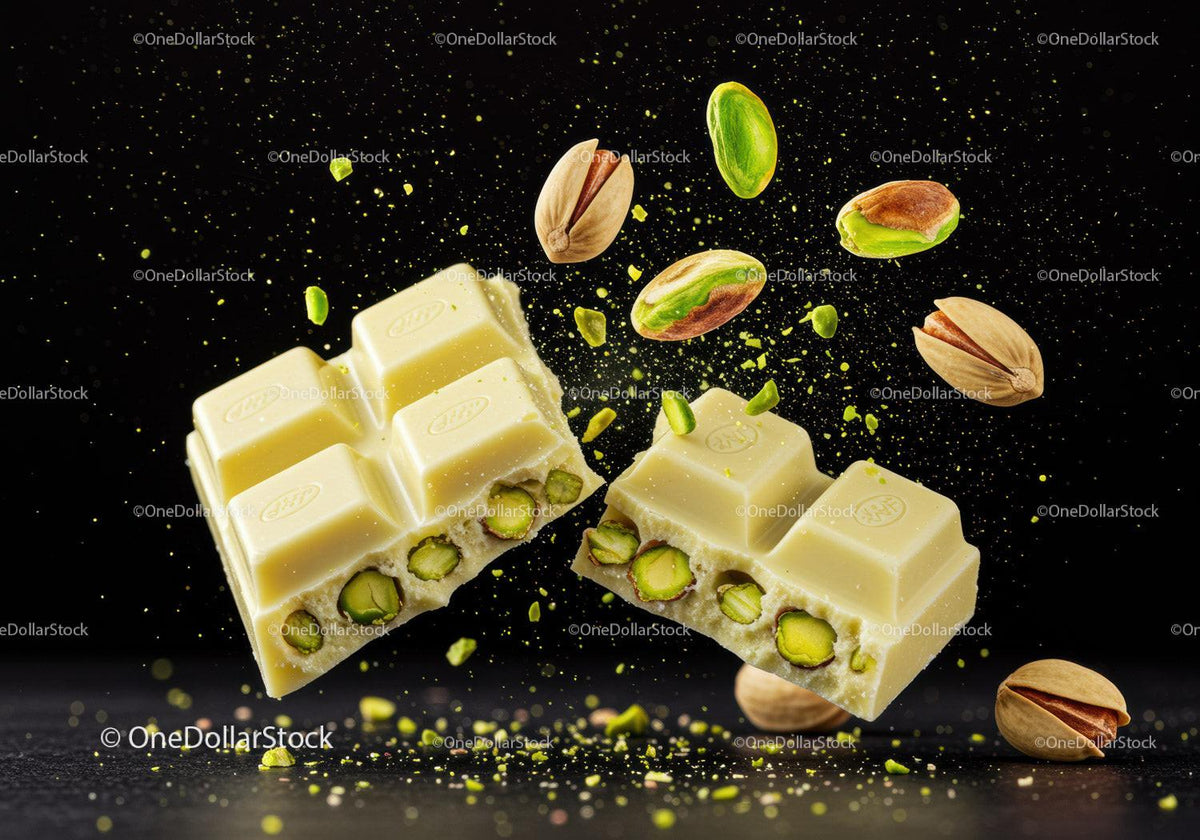 Broken white chocolate with whole pistachios on black background