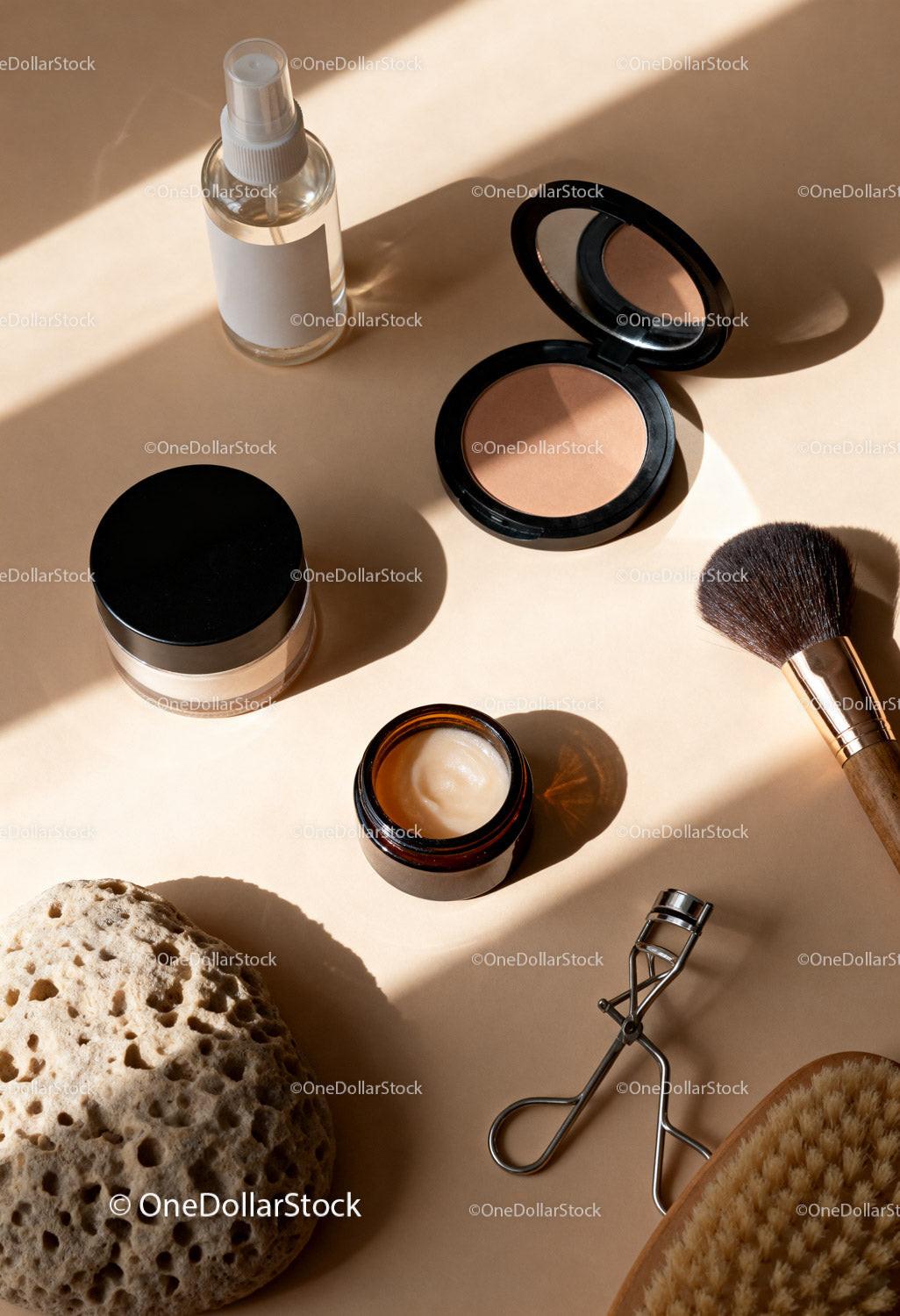 Natural beauty essentials with makeup and skincare tools