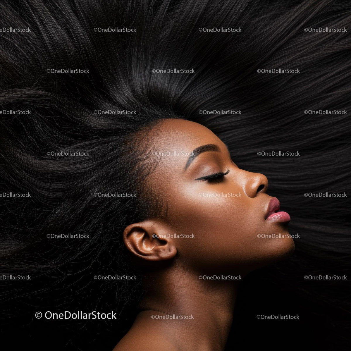 Profile of calm woman with flowing black hair