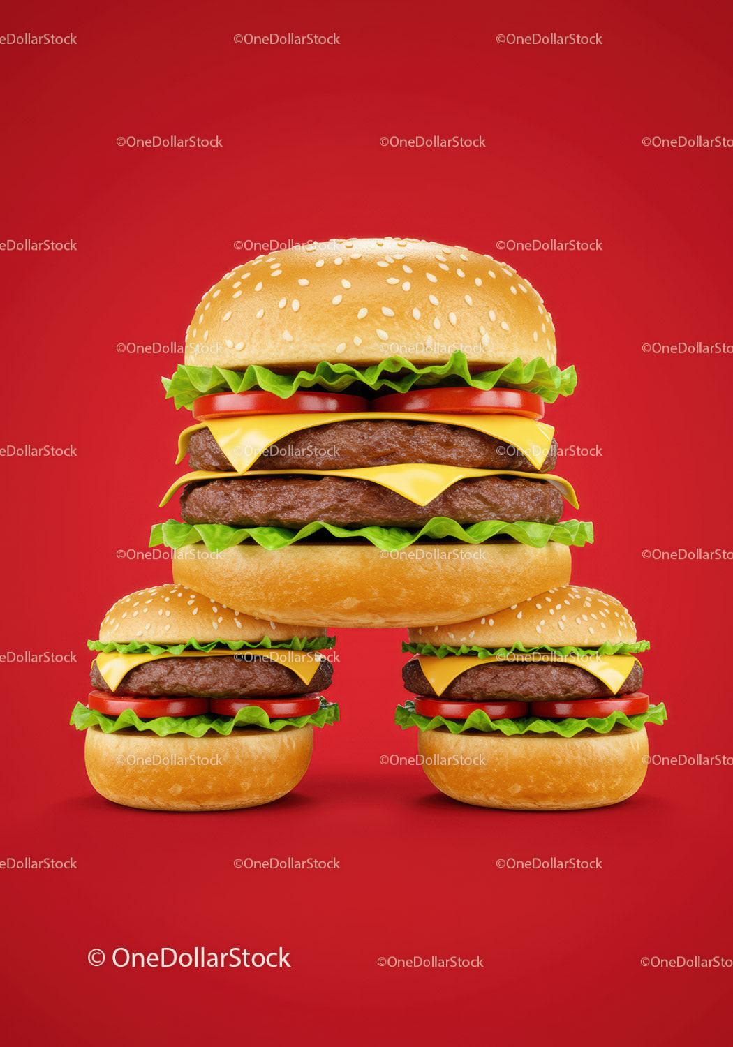 Triple cheeseburgers with fresh lettuce and tomato