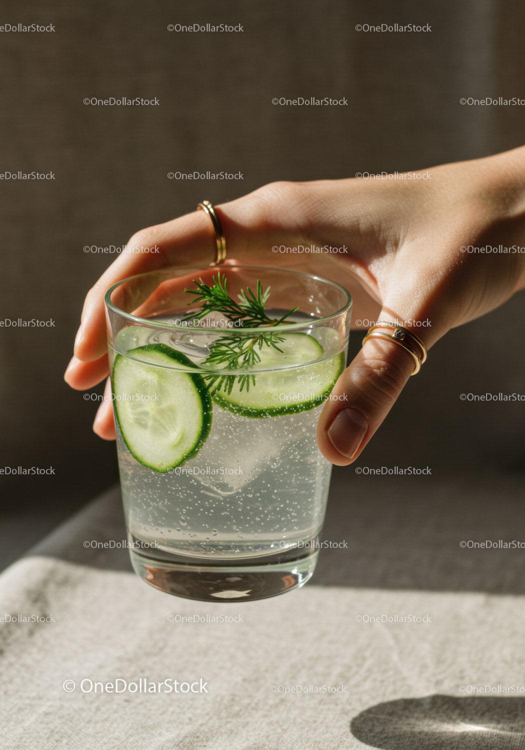 Hand Holding Refreshing Cucumber Sparkling Water Glass