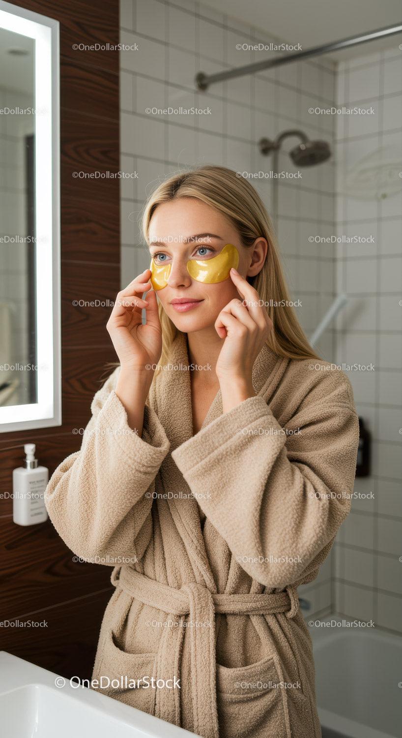 Woman with Under Eye Patches Applying Skincare in Bathroom