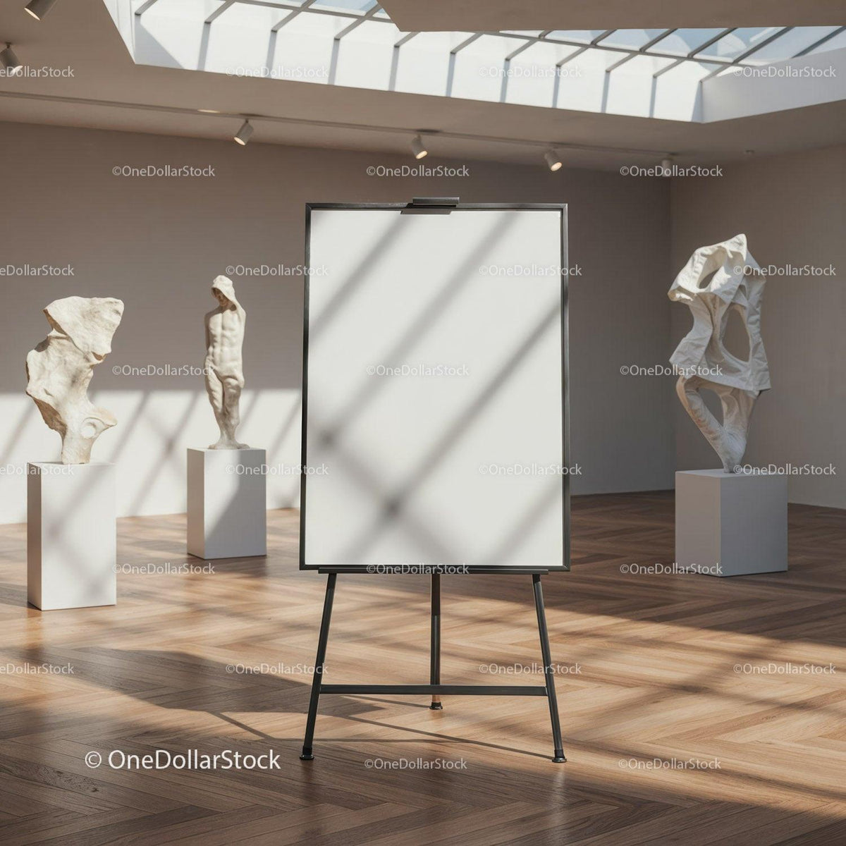 Blank canvas easel in modern art gallery interior JPG Mockup Image preview