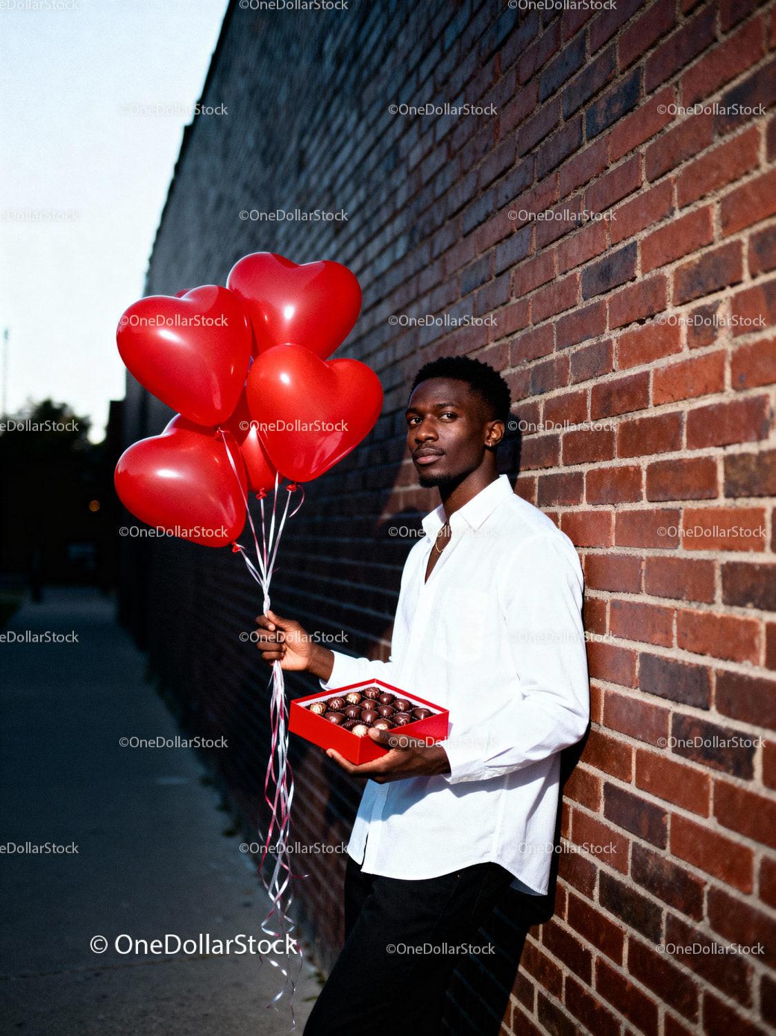Man Holding Heart Balloons and Chocolates Outdoors