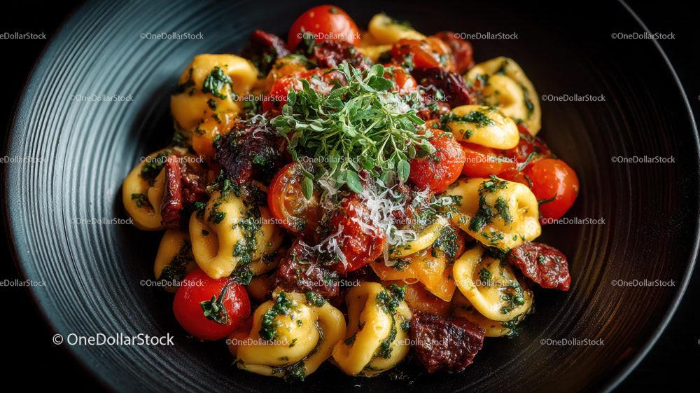 Creamy Fettuccine Pasta with Cherry Tomatoes and Basil Stock Photo Bundle preview 6
