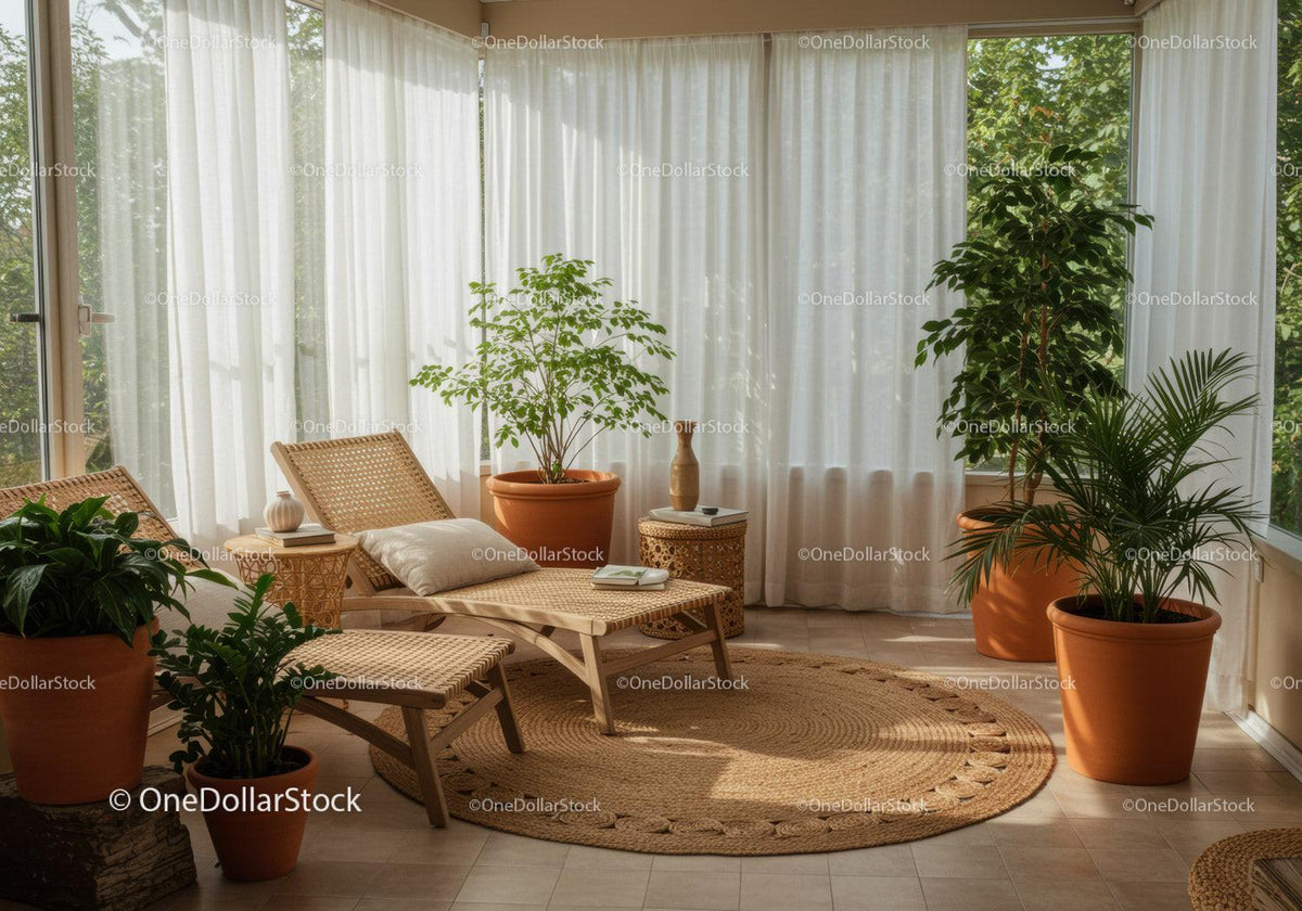 Cozy sunlit lounge with rattan furniture and lush plants