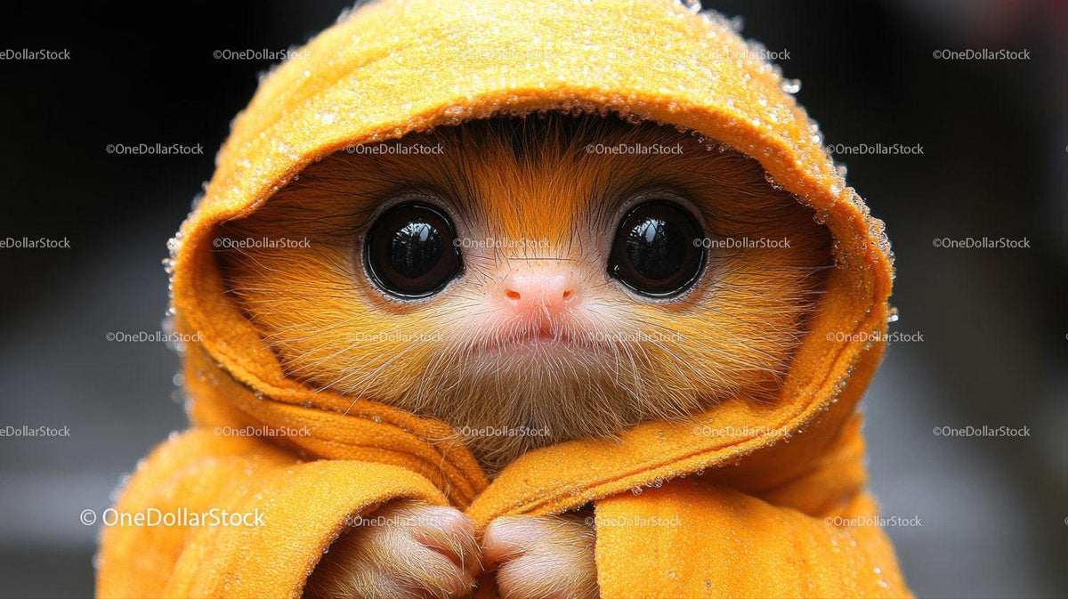 Small furry animal with big eyes wearing a yellow hooded robe with water droplets
