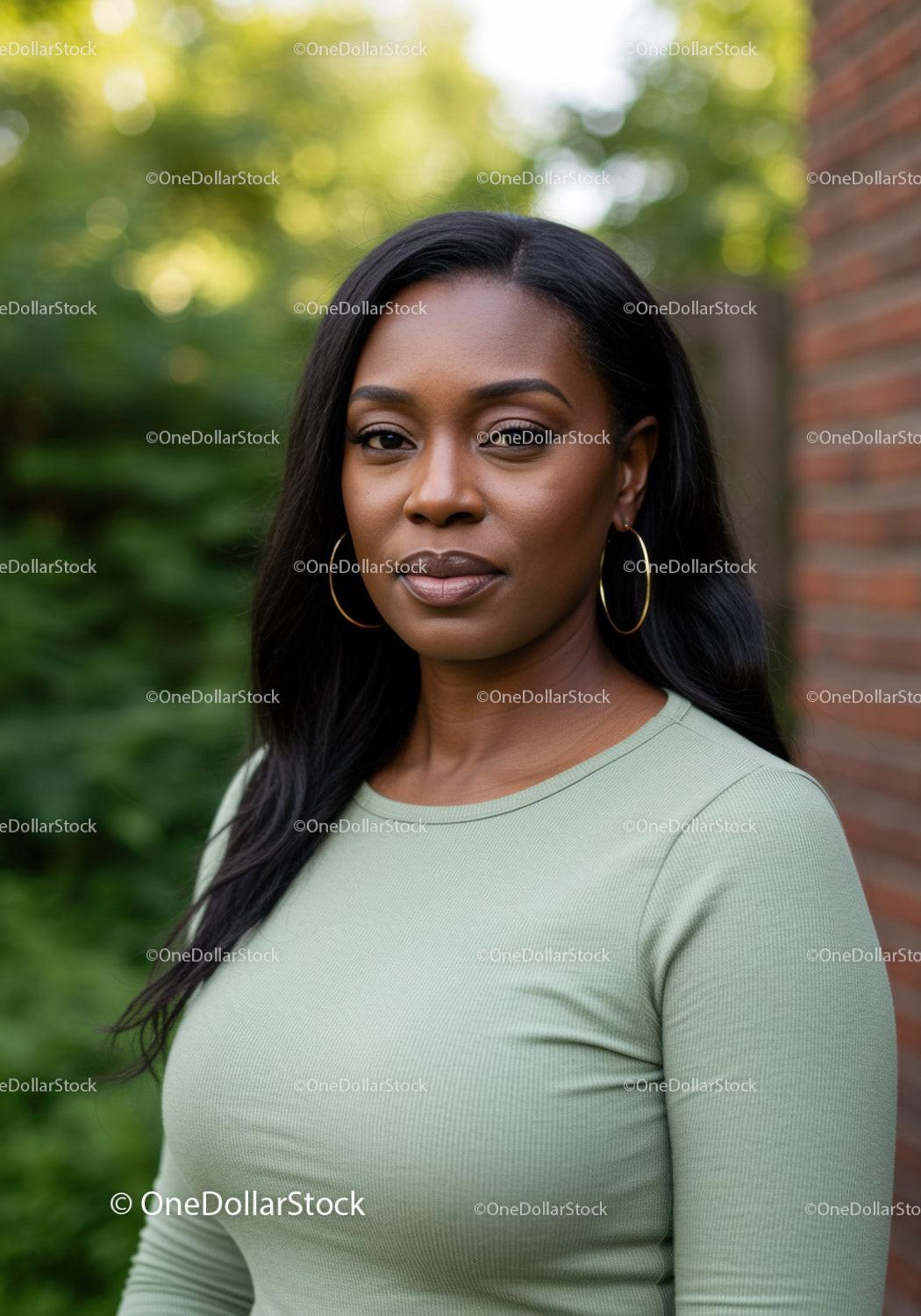 Calm woman with hoop earrings in soft natural light