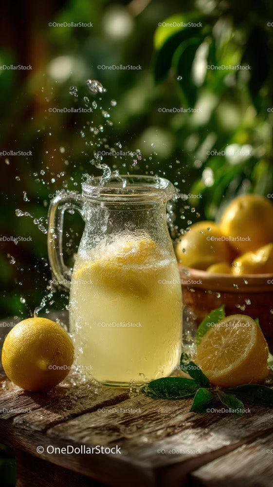Fresh Lemonade with Sliced Lemons in a Glass Pitcher on Rustic Wooden Surface Stock Photo Bundle preview