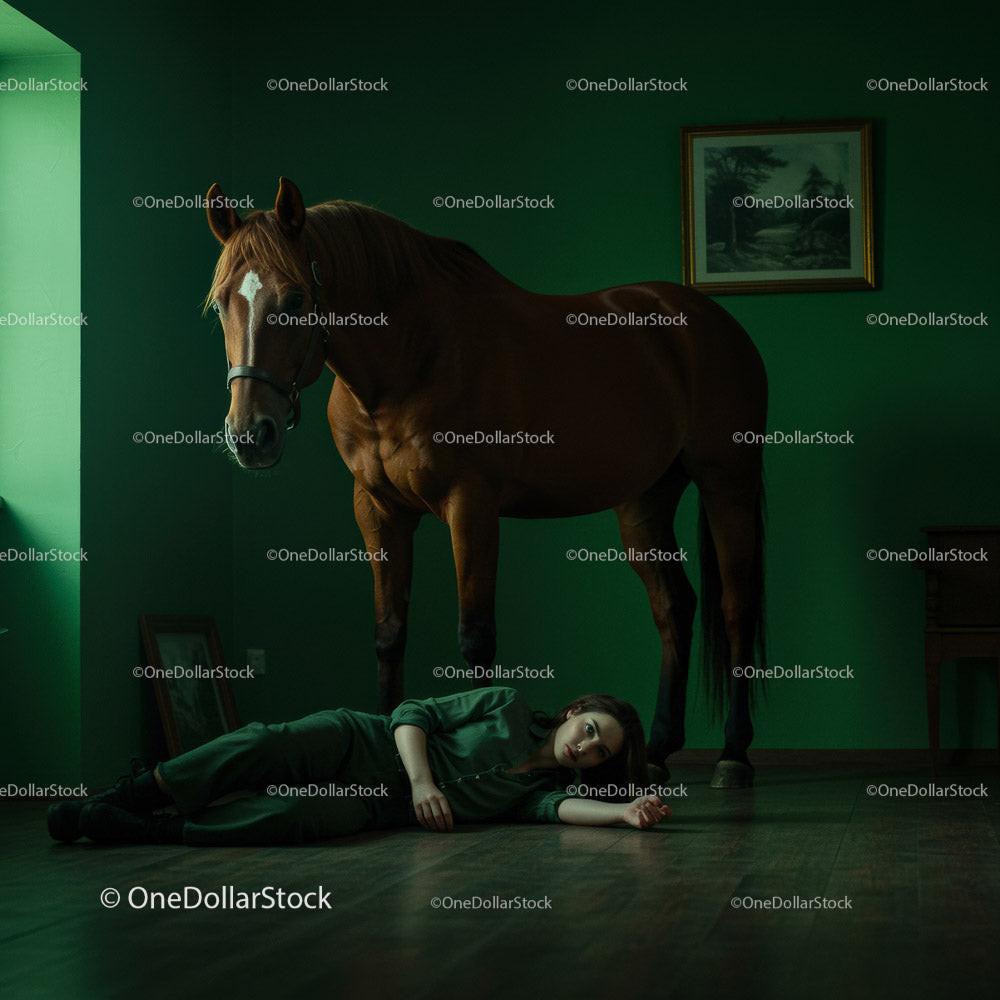 Woman Lying on Floor Beside a Horse in Dramatic Green Room Stock Photo Bundle preview 18