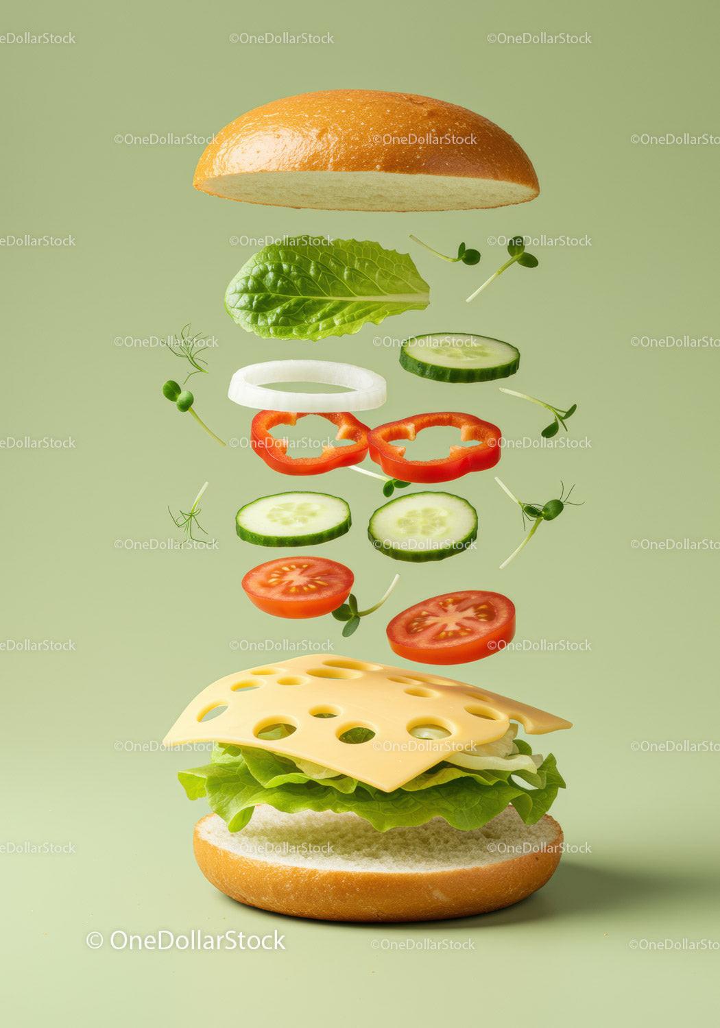 Fresh vegetarian sandwich ingredients levitating on green