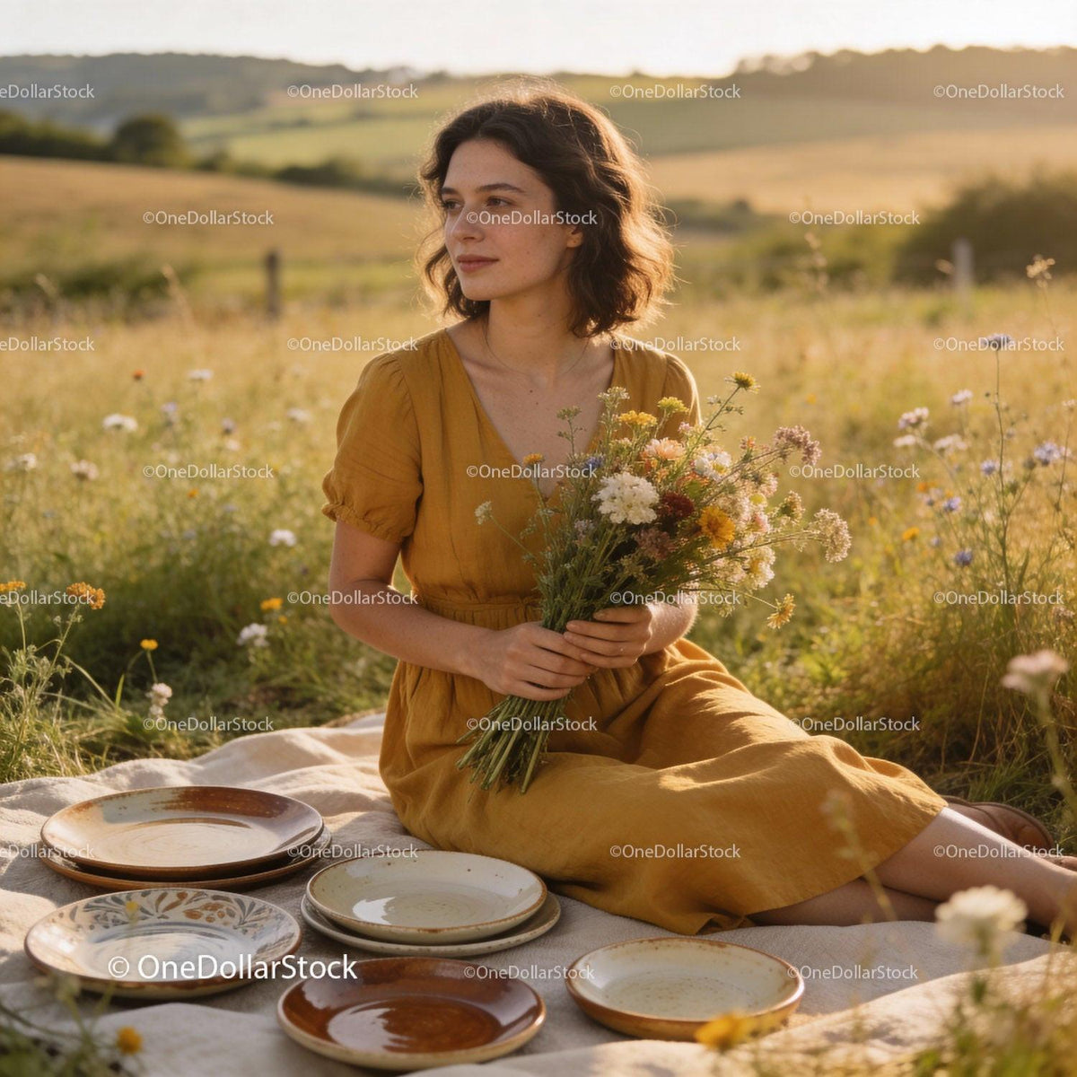 Woman in mustard dress enjoying a wildflower picnic