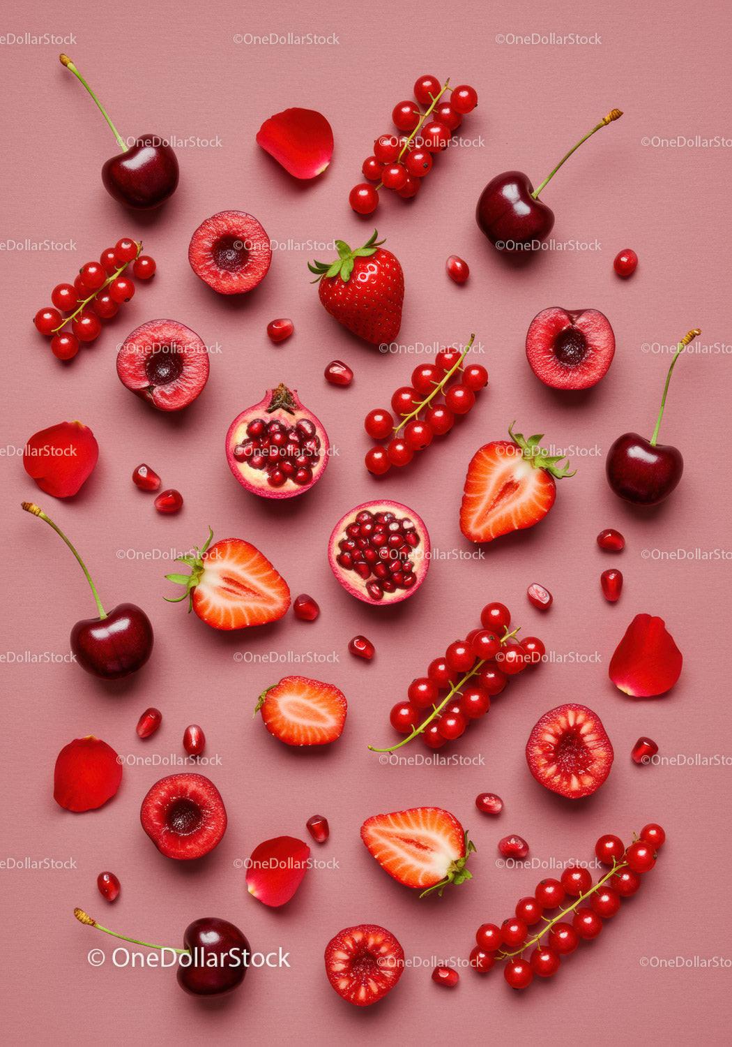 Fresh red berries and fruits scattered on pink surface
