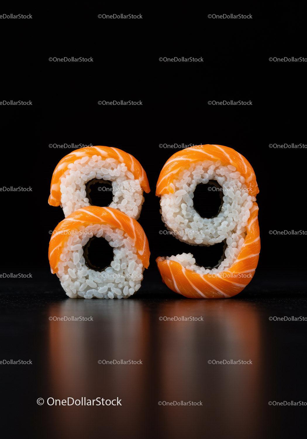 Creative sushi rolls shaped as number eighty nine