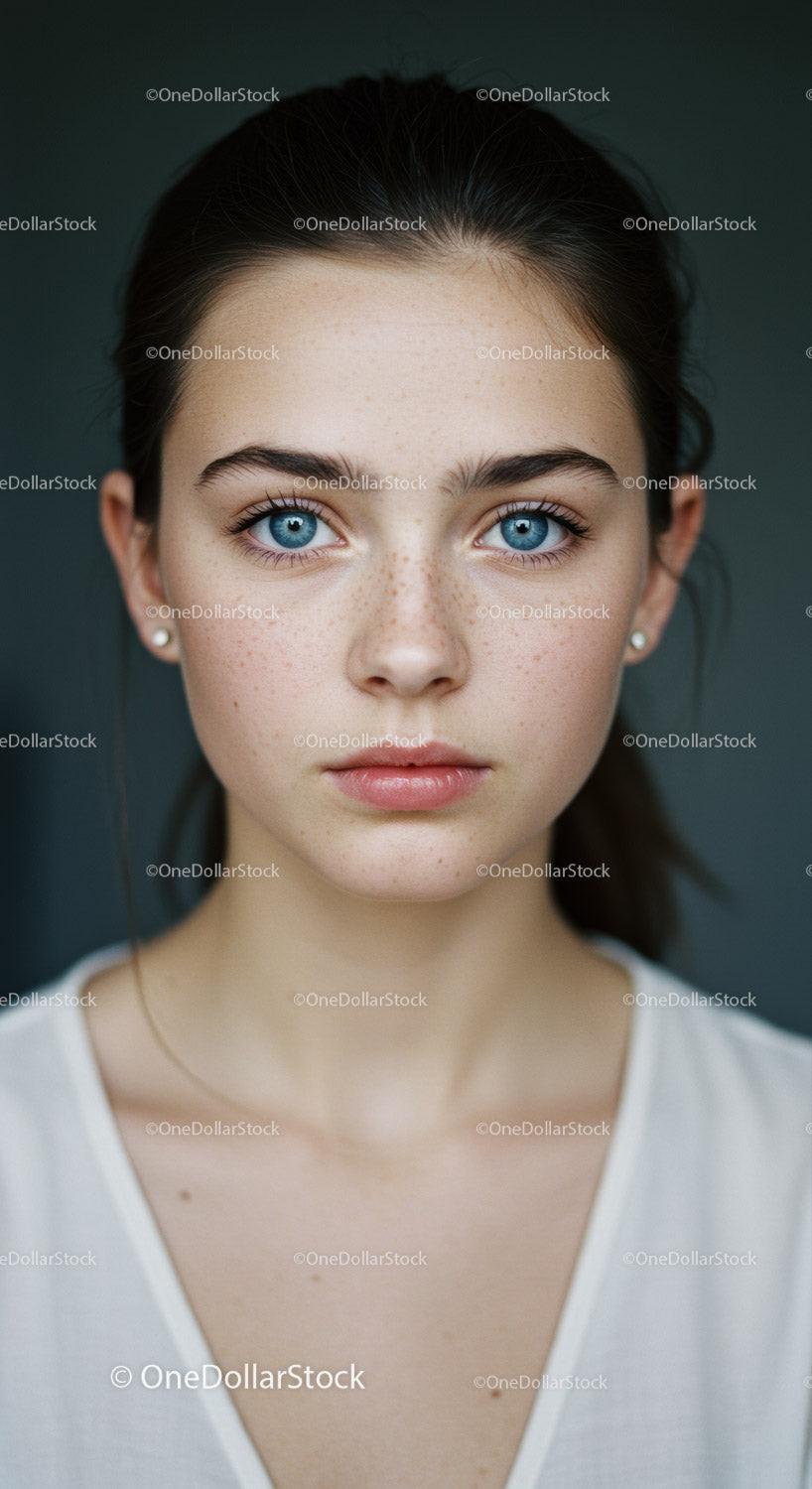 Close-up of a Young Woman with Blue Eyes and Freckles
