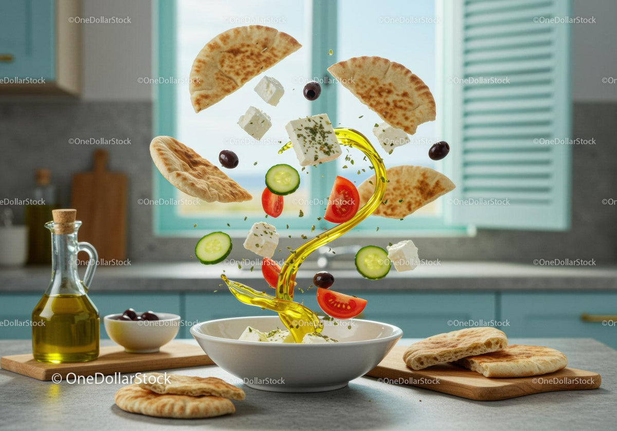 Fresh Mediterranean salad ingredients in motion over bowl