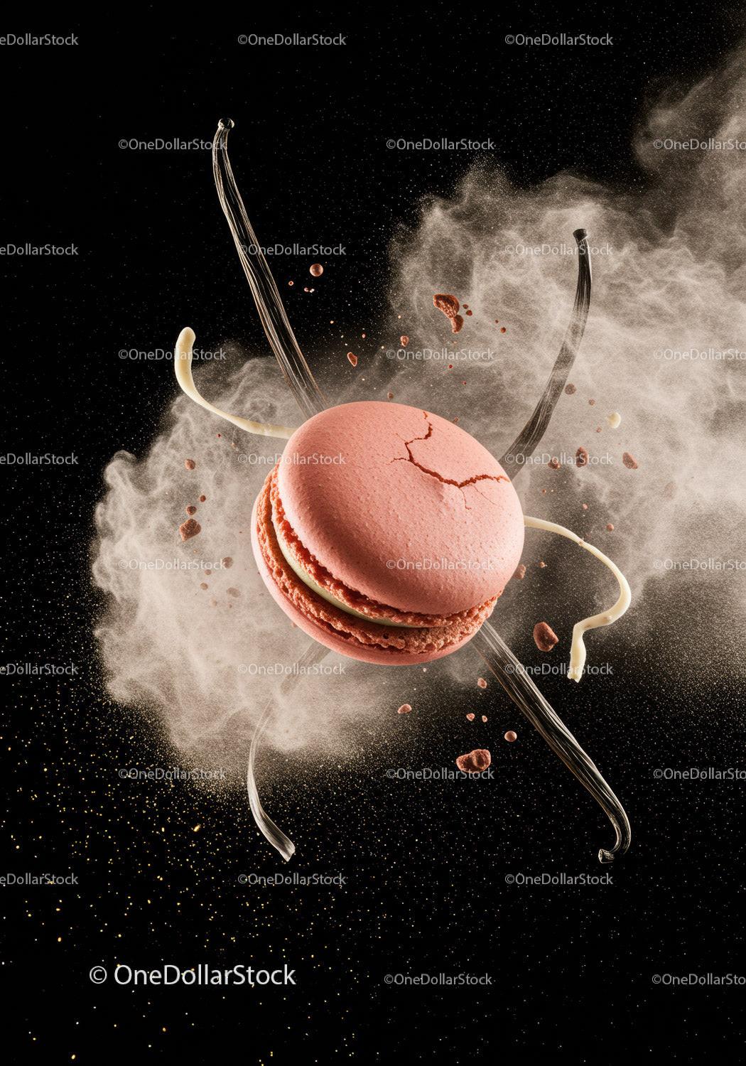 Pink macaron with vanilla and cocoa powder splash