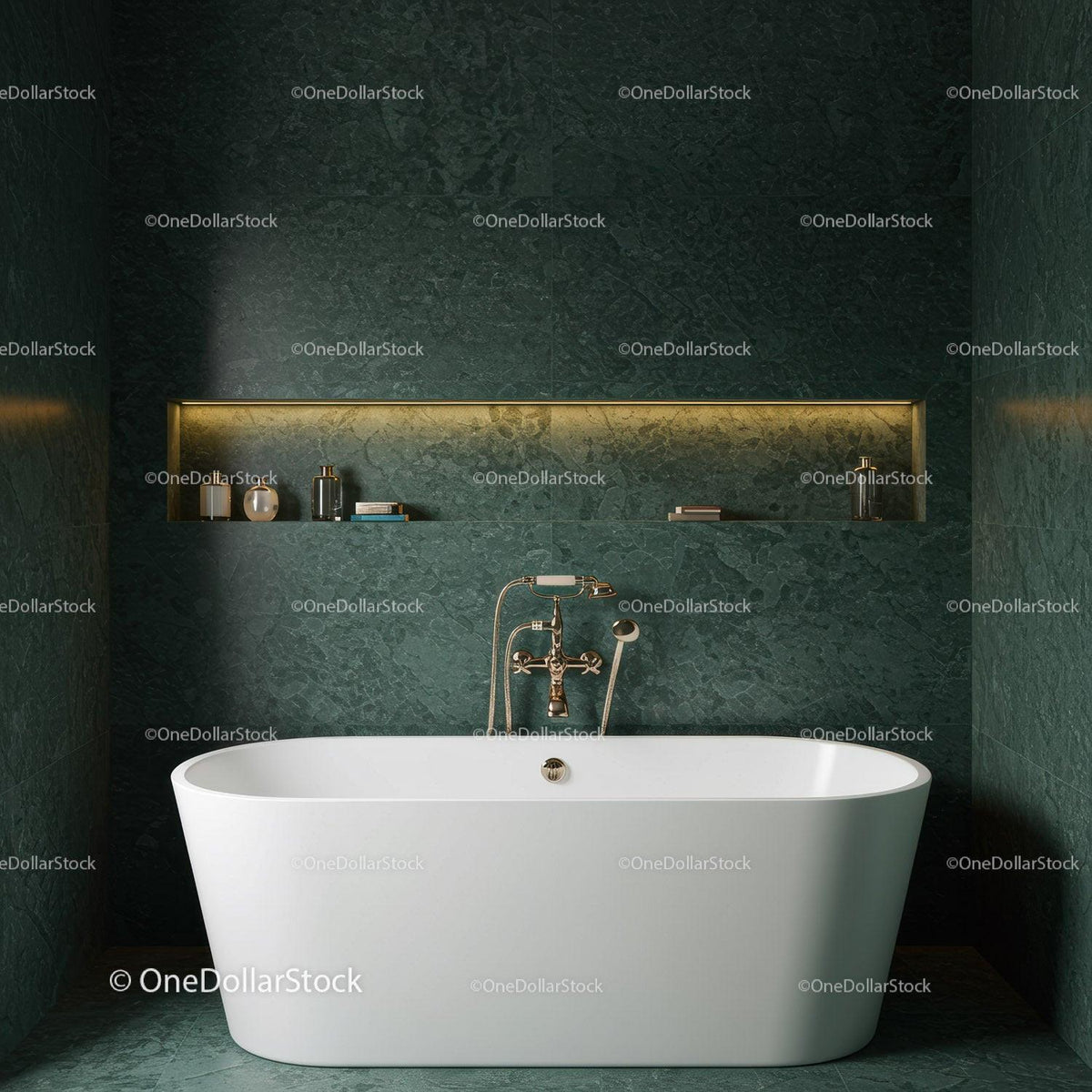 Luxurious Green Marble Bathroom with Modern Freestanding Tub