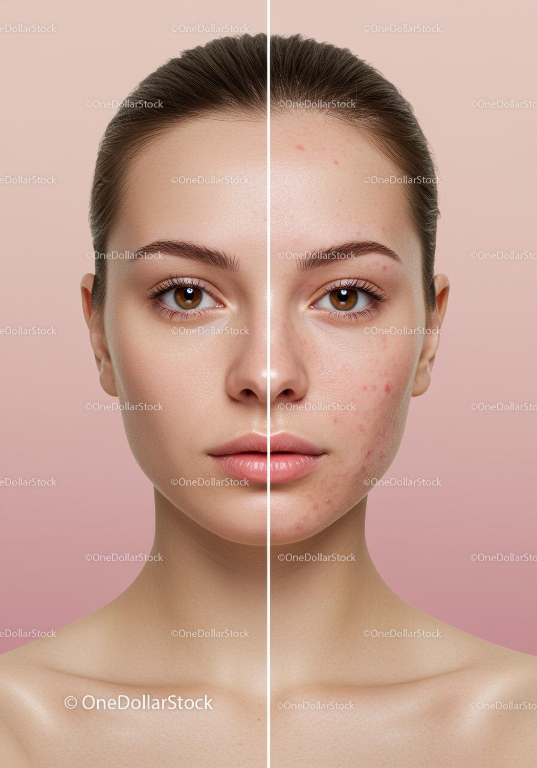 Split Face of a Young Woman Showing Clear Skin and Acne-Prone Skin