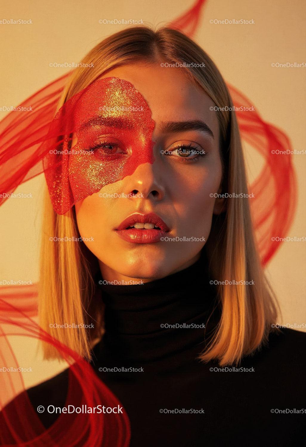 Creative Artistic Makeup Portrait with Red Face Paint and Blonde Hair Stock Photo Bundle preview