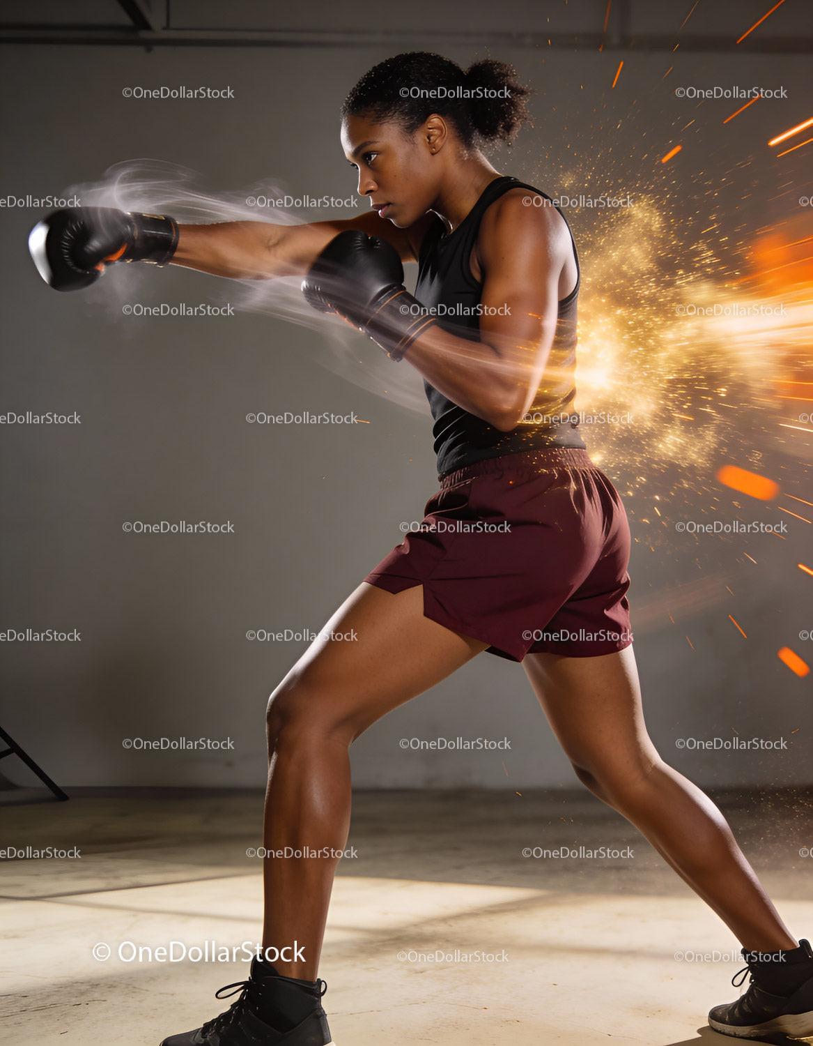 Focused female boxer delivering powerful punch in action