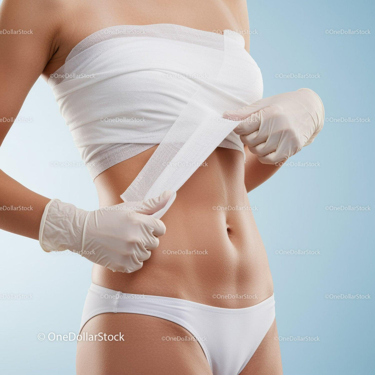Woman Applying White Bandage to Wound with Medical Tape in Clinical Setting